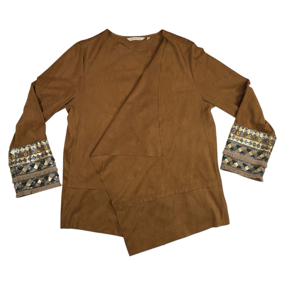 Soft Surroundings Tan Faux Suede Open Front Cardigan Drape Women's Size Large